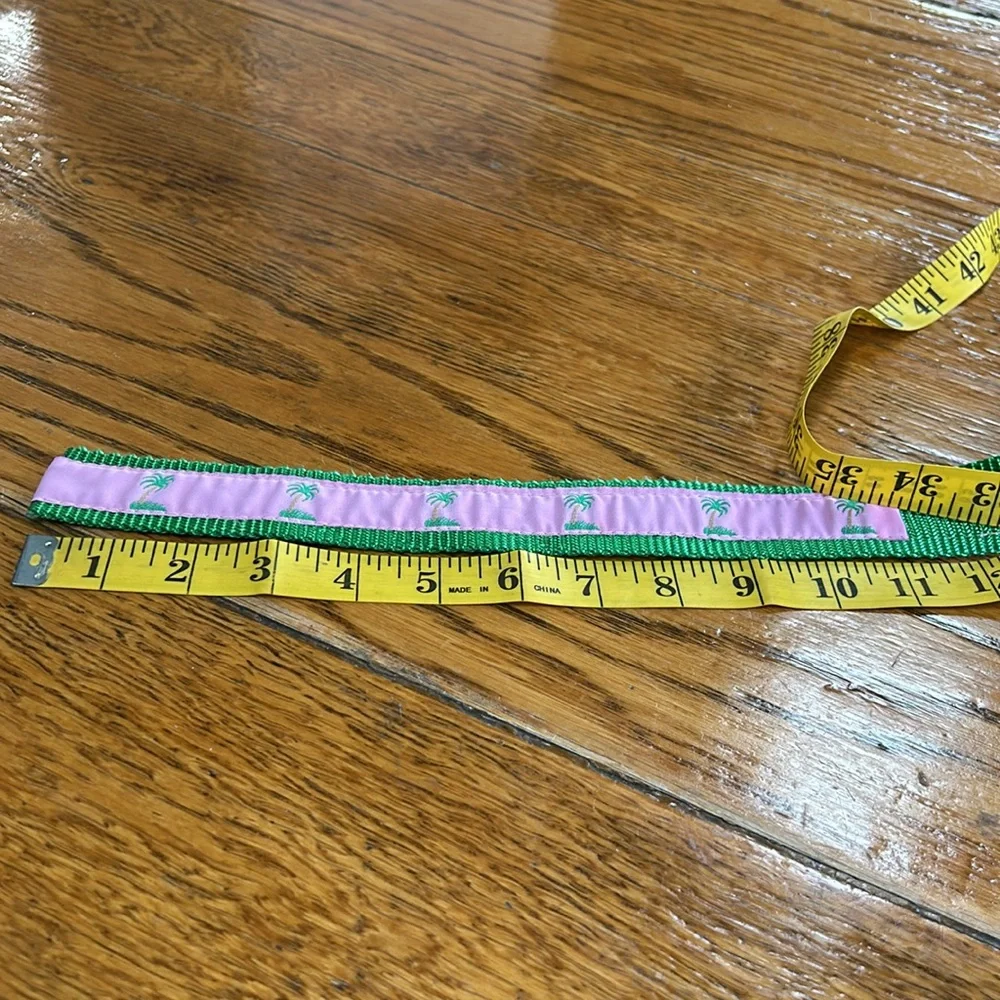 Leather Man webbing belt, green with pink ribbon, palm trees.  Size Large.